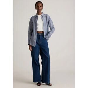 Quince European Linen Long Sleeve Button Up Shirt Womens XS Blue Stripe